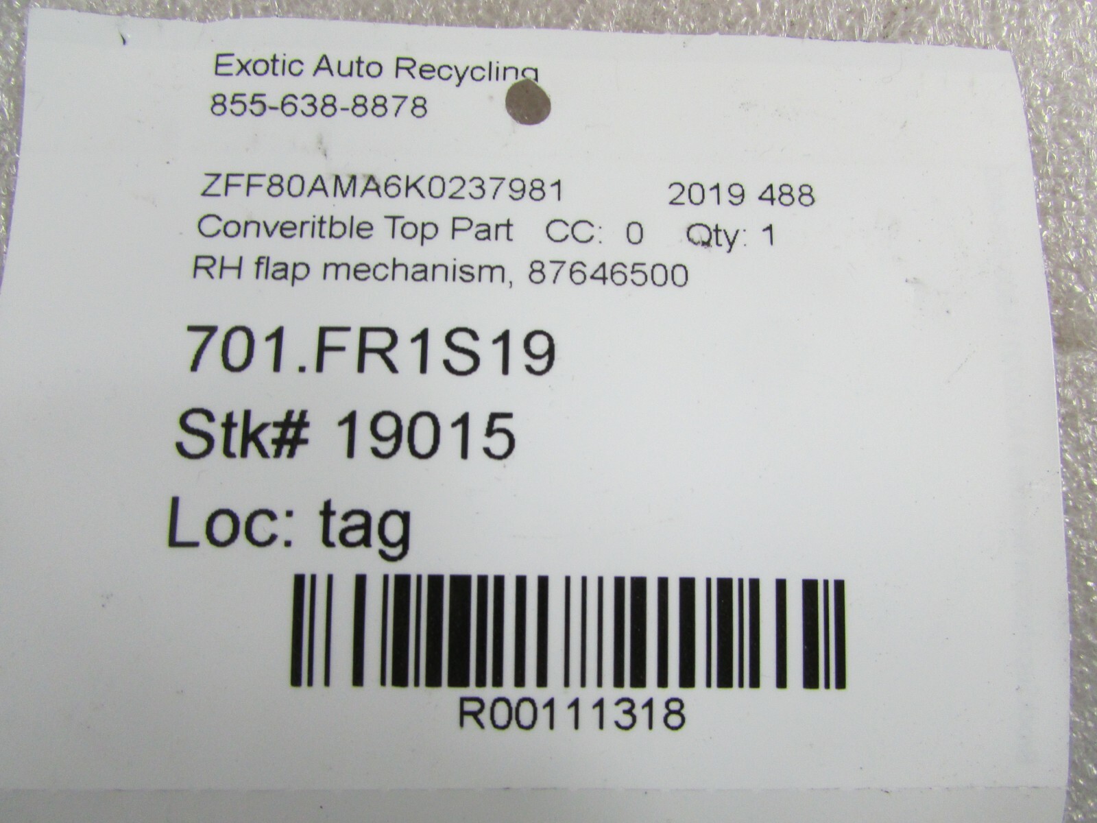 Ferrari 488 Spider, RH, Right Convertible Top Flap Mechanism, Used, P/N 87646500