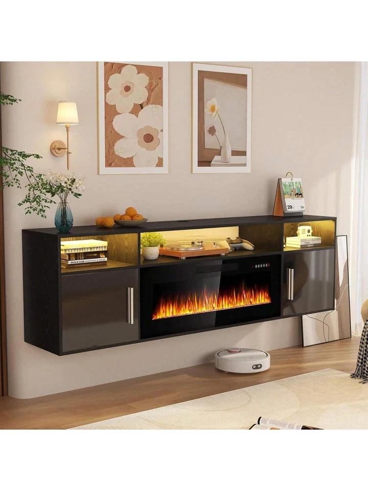  Floating Fireplace TV Stand Wall Mounted Shelf, Modern Wood Media TV Console  - Image 4 of 4