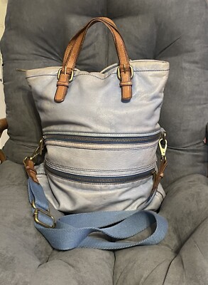 Amazing Vintage Fossil Explorer Sky Blue Leather Tote Foldover