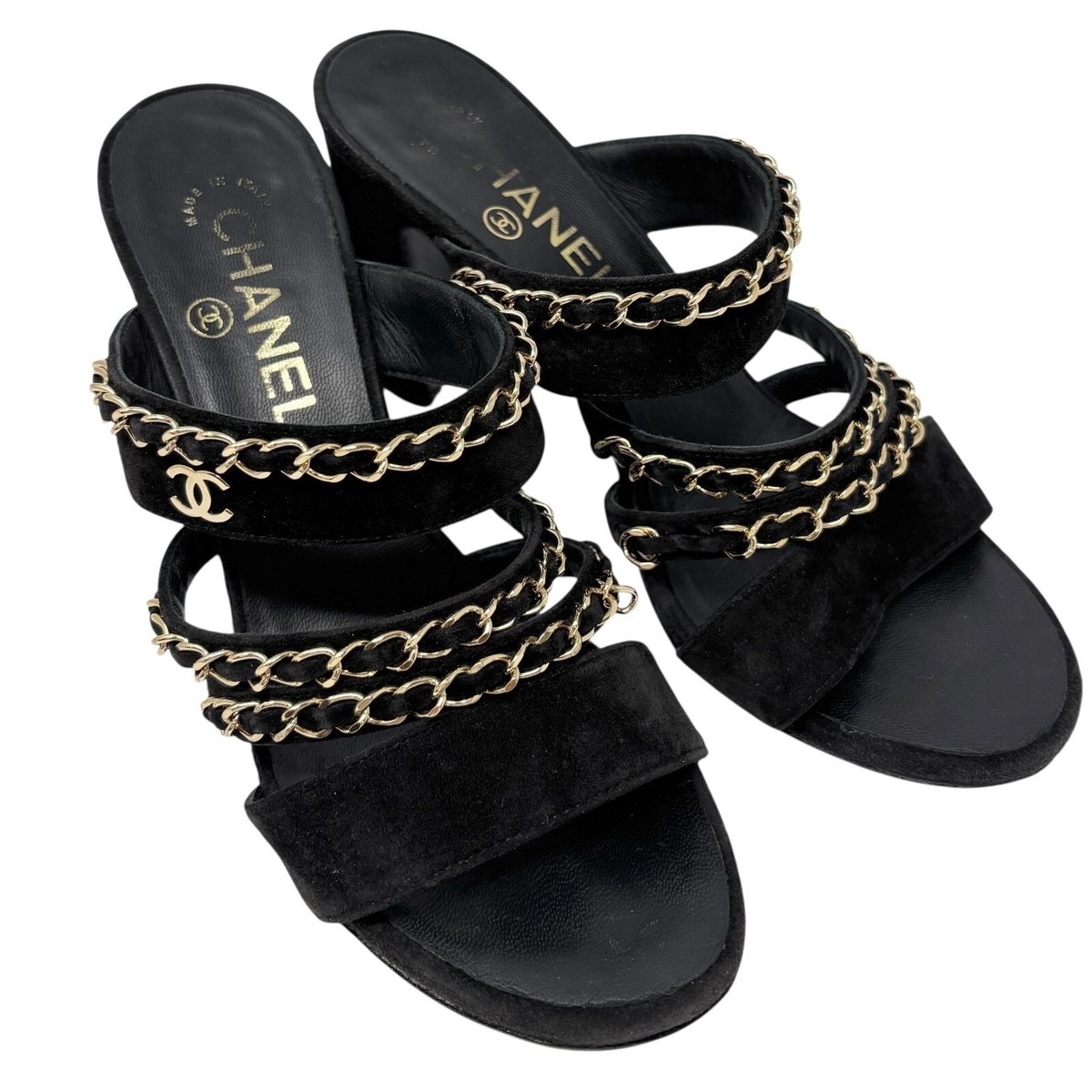 CHANEL ローヒール 36.5 CHANEL Vintage CC Logo Chain Sandals #36.5 Heels Black Gold