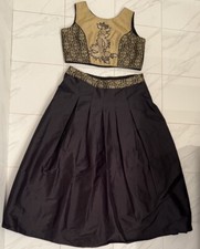 Elegant Black and Gold Crop Top And Maxi Skirt Set, Indowestern Lehenga, Size XL