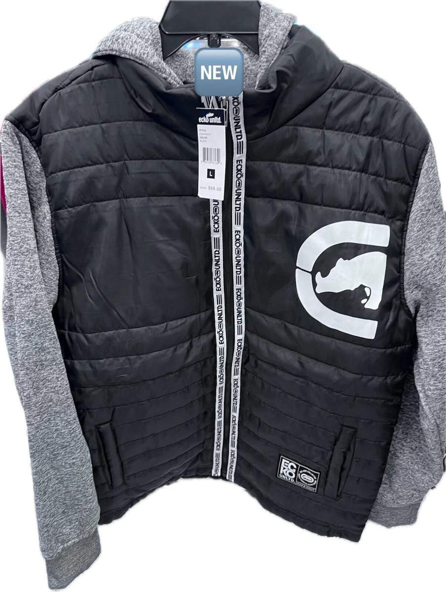 NWT Ecko Unltd Puffer Jacket Mens Large Gray Black Zip Streetwear