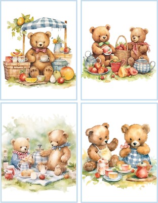 8 Teddy Bears Shabby Chic Picnic glossy blank fold out note card w/envelopes