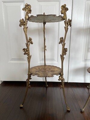 Pair Antique Art Nouveau Two Tier Brass Floral Side Tables - Plant