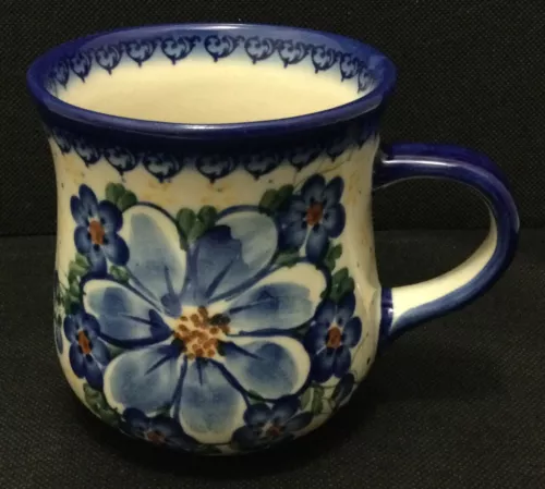 Polish Pottery Blue Flower Mug 10 Oz