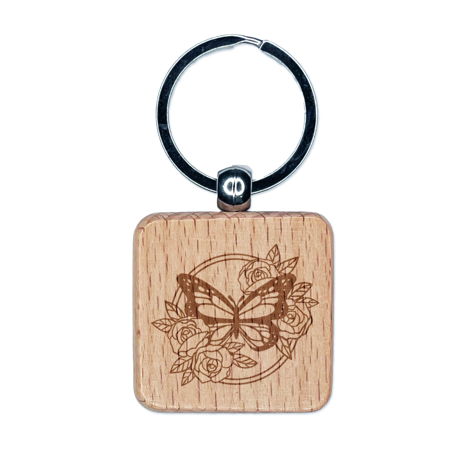 Monarch Butterfly & Roses Engraved Wood Square Keychain