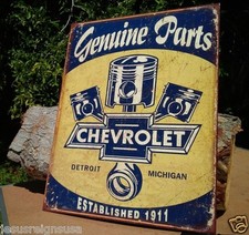Vintage Genuine Chevy Parts Tin Metal Sign 1911 Garage Shop GM Rustic Pistons
