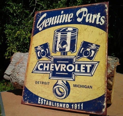 Vintage Genuine Chevy Parts Tin Metal Sign 1911 Garage Shop GM Rustic Pistons