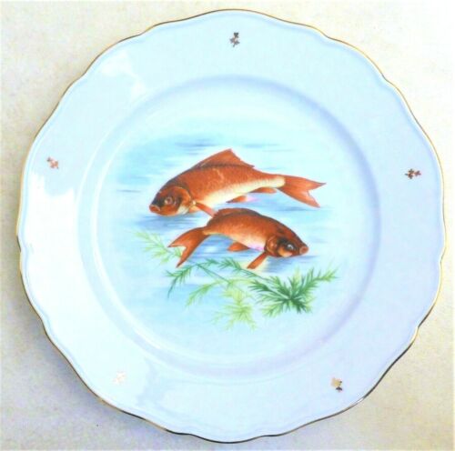 LIMOGES PORCELAINES DE COULEUVRE Plate w/ Two SALMON Fish, Gold Rim FRANCE ~ NEW - Picture 1 of 4