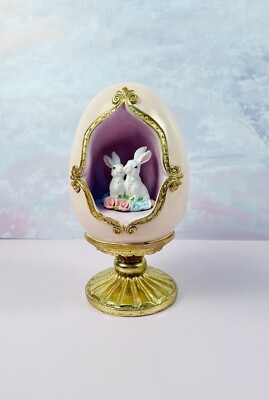 Easter Diorama Pink Gold Egg Pedestal Bunny Rabbit Resin Figurine Decor 8.5'' New