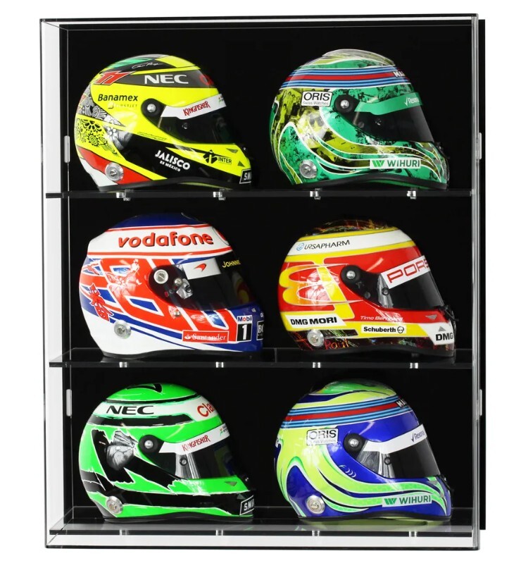 Vitrine murale pour 6 casques F1 échelle 2:1 en verre acrylique premium