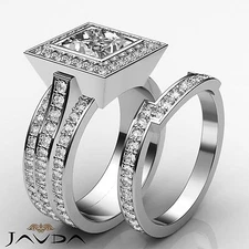 3 Row Shank Princess Diamond Engagement Bezel Bridal Set Ring GIA G VS2 3.3 Ct
