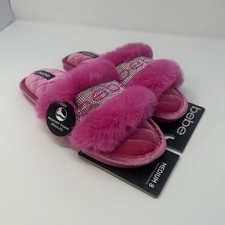 NEWFushsia Pink BEBE Fuzzy Rhinestone Slippers Memory Foam Sz 8 Indoor/Outdoor