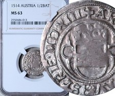 NGC MS-63 AUSTRIA SILVER 1/2 BATZEN 1514 (THE HIGHEST GRADED!) TOP POP: 1/0