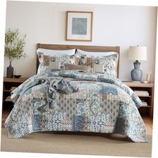 Cotton Bedspread Quilt Bedding Sets Reversible Queen Blue Rustic Floral