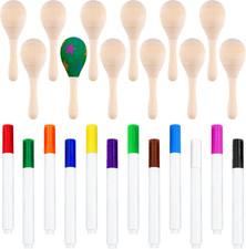 12Pcs DIY Mini Wooden Maracas for Kids with 12Pcs Multicolor Pens, Fiesta Mexica