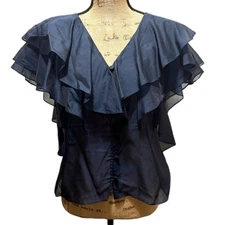 Worth New York Ruffle Tiered Sheer Blouse Navy Blue Button Front Silky Size 6