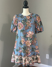 Farm Rio A-Line Crew Neck Blue Floral Puff Sleeve Ruffle Short Dress S