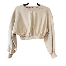 ZARA Women's Cropped Boxy Fit Crewneck Sweatshirt Long Sleeve Tan Size S
