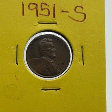 1951 S Lincoln Wheat Cent Circulated In Cardboard 2x2 Coin Flip