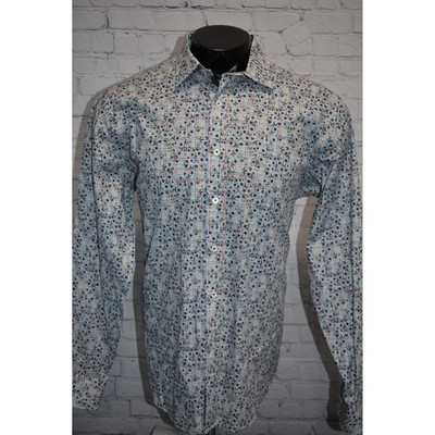 Bugatchi Button Down Shirt Mens Large Blue Floral Classic Fit Flip Cuffs