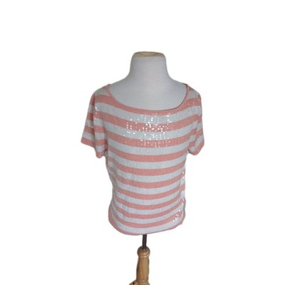 Ellen Tracy Neiman Marcus sequin silk Women pink white stripe pull over top S