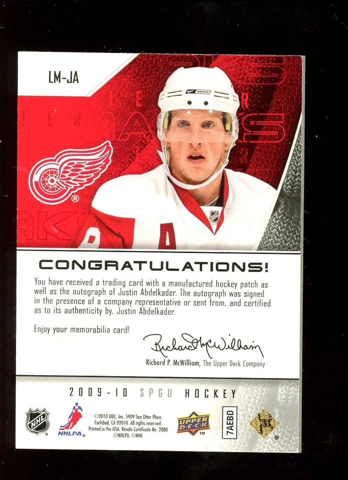 2010 Upper Deck Hockey Letter Marks Justin Abdelkader AUTO /50 Red Wings - Image 2 of 2