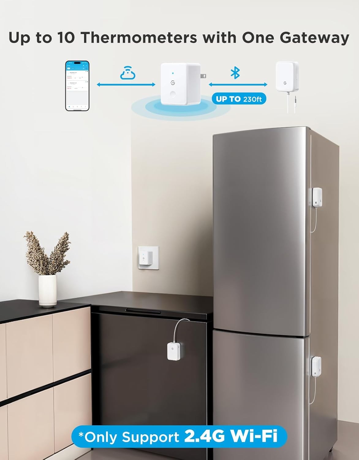 Wifi Refrigerator Thermometer with Alarm, Wireless Digital Freezer Temperature G