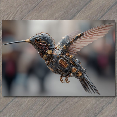 Art Print Black Steampunk Hummingbird Clockwork Wings Mechanical Cyber Bird Flye