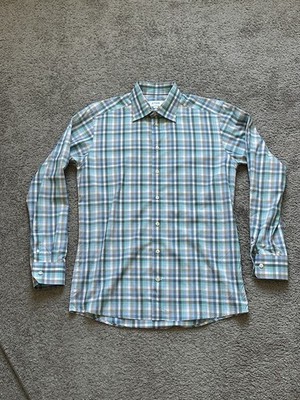 Eton Men s Slim Fit Blue Green Plaid Long Sleeve Dress Shirt 16.5 L