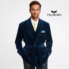 Men's Navy Velvet Smoking Jacket Robe Luxury Dressing Gown Housecoat Belt