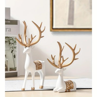 Golden Hirsch Skulpturen Set Weihnachtsdeko Tierfigur Dekor Garten