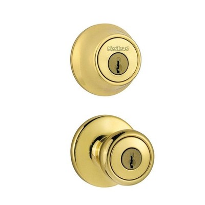 Kwikset Tylo Polished Brass Entry Door Knob & Double Cylinder Deadbolt Combo