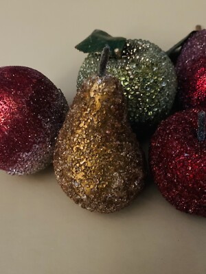 Vtg MCM Beaded Sugar Frosted Faux Fruit  Decor 5 pcs Apple,pears,Pom, cherry!