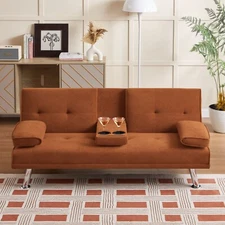 Futon Sofa Bed Convertible Couch for Living Room with 2 Cup Holders, Velvet