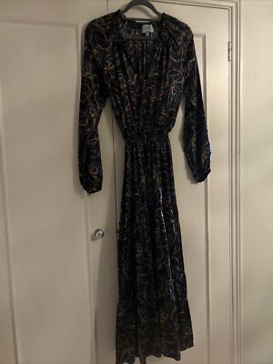 Beautiful Ridley London Silk Dress Dark Purple Peacock Patt Elastic