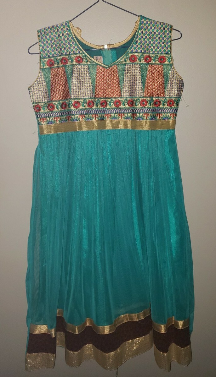 Vintage Diamond aqua embroidered turquoise silk 36 gypsy floral dress  Bohemian