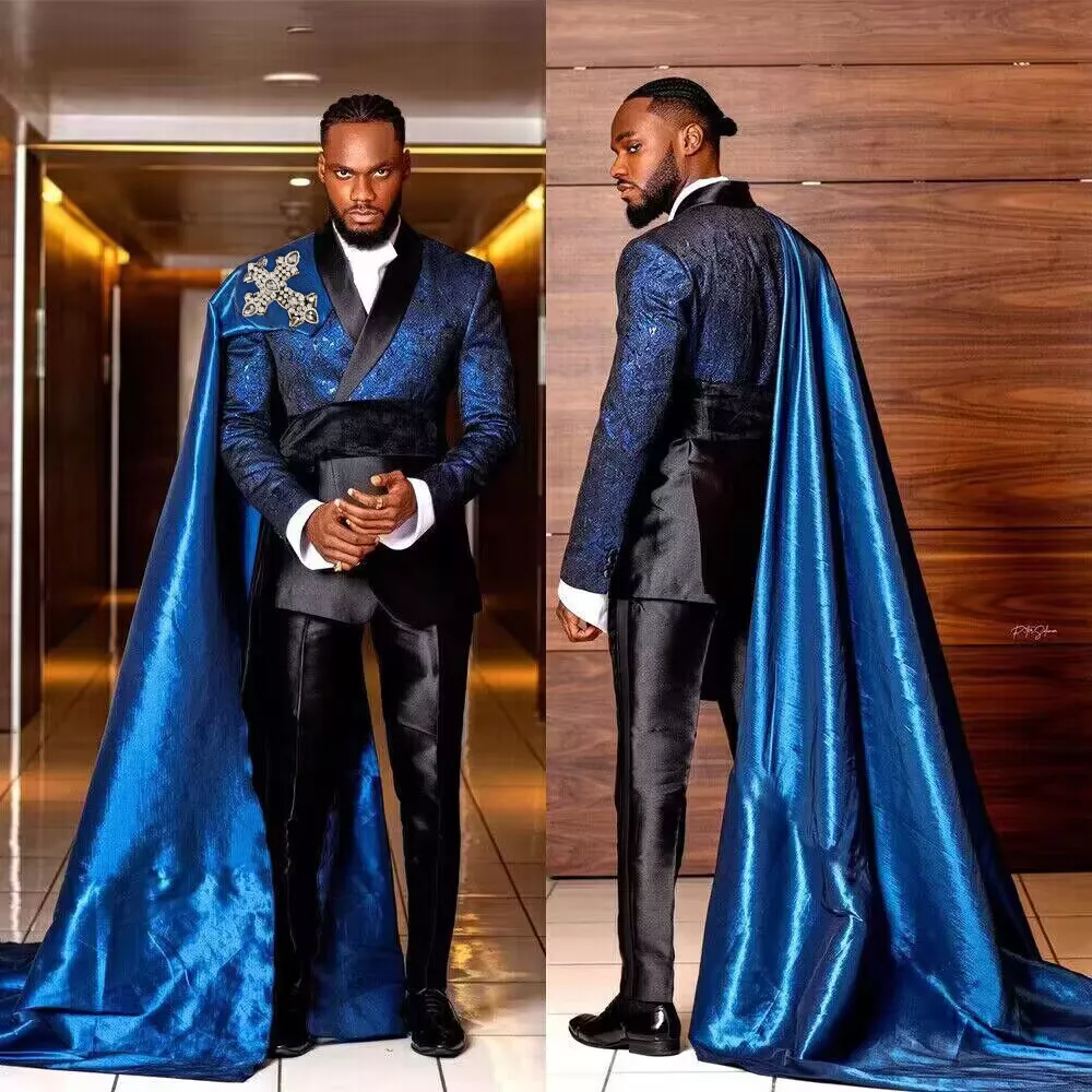 Men's Royal Satin Suits Jacket Pant with long Cape Fashion Formal