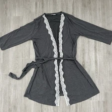 Ekouaer Women's Lightweight Short Robe 3/4 Sleeve Lace Trim Belted Gray Large L