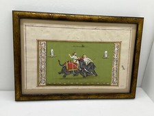 Indo Persian Illuminated Manuscript Leaf Two Men Two Elephants Framed 11x8"