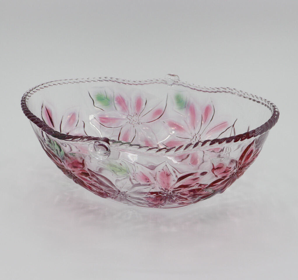 Vintage Pink and Green Glass Bowl with Flower Designs and Small