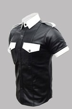 Men's Real Leather Police Shirt Gay Biker Schwarz Cuir Lederhemd Black Punk Kink