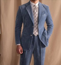 Men Corduroy Suit Blue Notch Lapel Party Prom Groom Tuxedo Wedding Suit 2 Piece