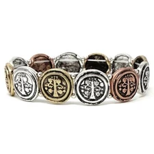 Tree Of Life Disc Stretch Burnish Tri Tone Inspirational  Bracelet
