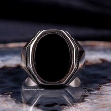 925-Sterling Silver Handmade Unique Gemstone Black Onyx Men's Ring Silver-Solid