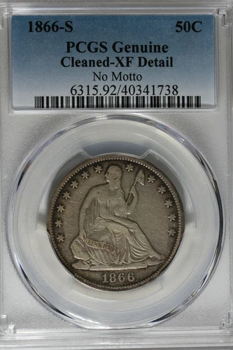 1866 S 50C PCGS  GENUINE CLEANED - XF DETAIL NO MOTTO Seated Liberty Half Dollar