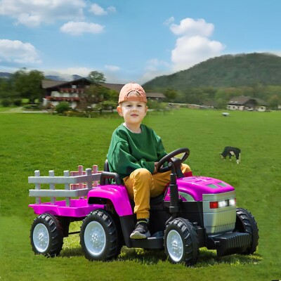 12V Kids Ride on Tractor Electric Car Vehicle Toy w/ Trailer Remote Control Pink