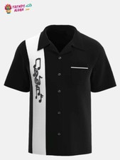 Trendy Aloha Mens Retro Music Notes Print Bowling Shirt