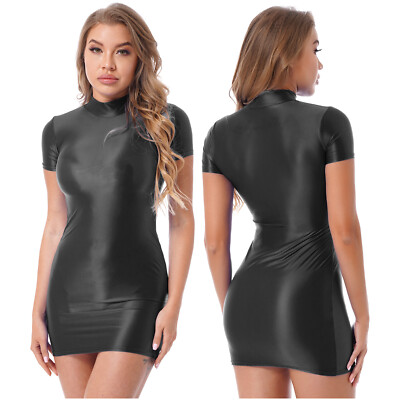 Women's Oil Shiny Tight Mini Pencil Dress Bandage Glossy Short Sleeve  Dresses | eBay