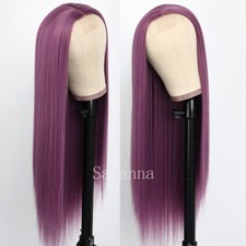 Women Long Straight Synthetic Wig Purple Hair Heat Resistant Cosplay Party Wigs